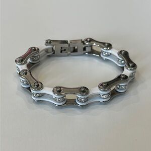 White & Silver Bike Chain Bracelet with Clear Stones